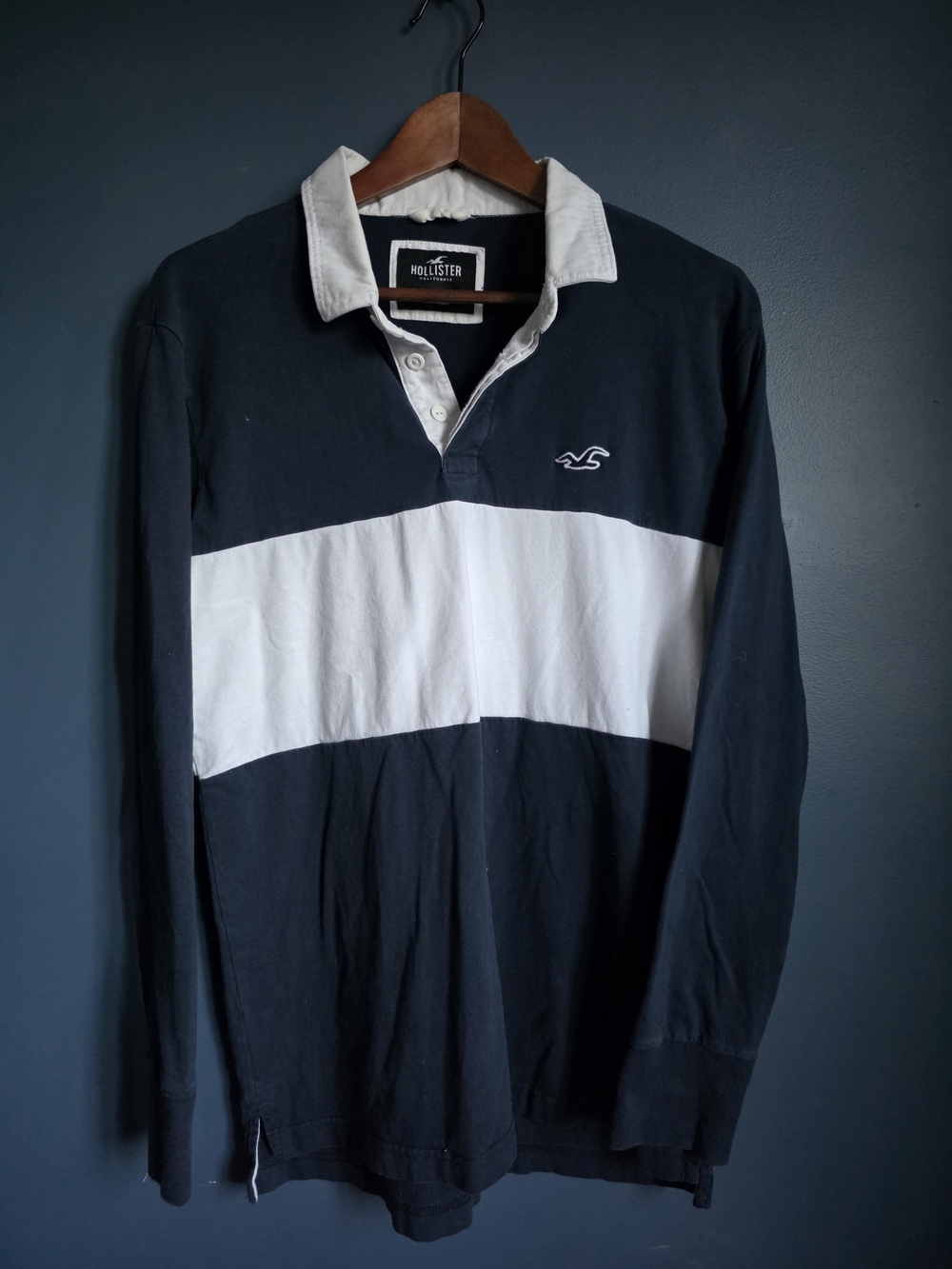 Vintage Hollister Men's Navy and White Long-Sleeve Rugby Polo